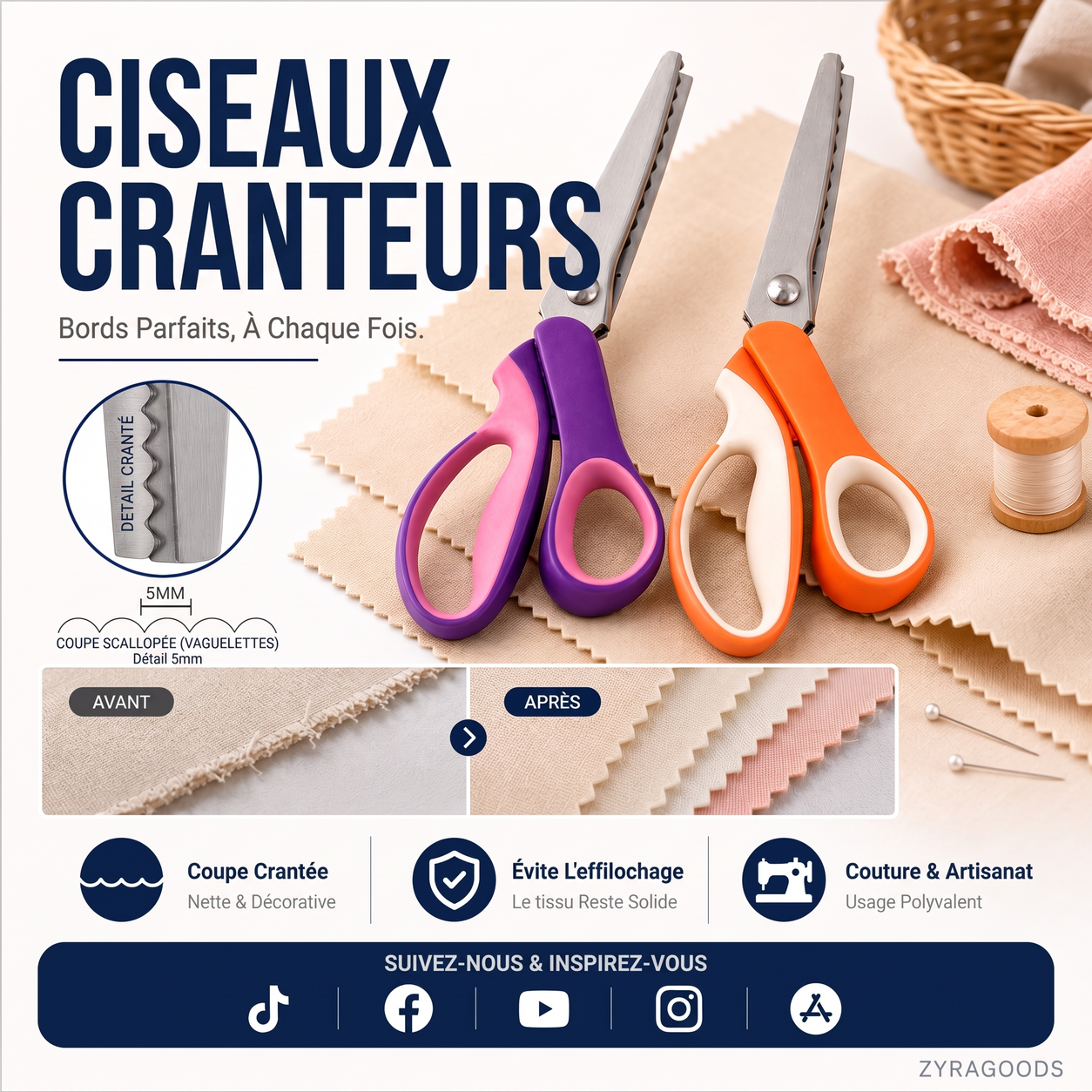 Ciseaux à cranter pour coupe décorative de tissu
