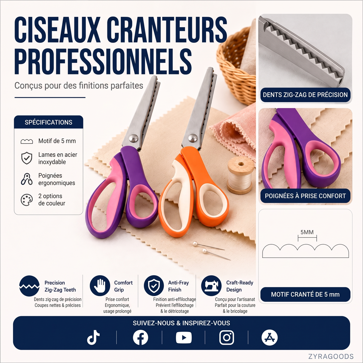 Ciseaux à cranter en acier inoxydable avec lames à motif de 5 mm