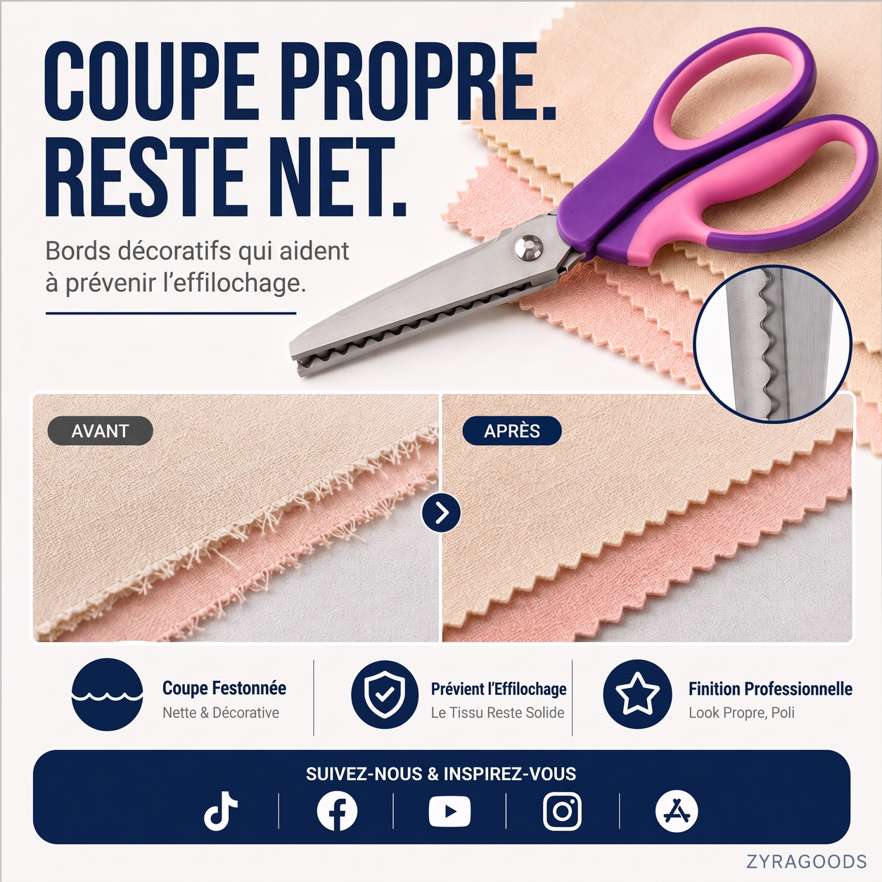 Bords de tissu festonnés décoratifs réalisés avec des ciseaux à cranter