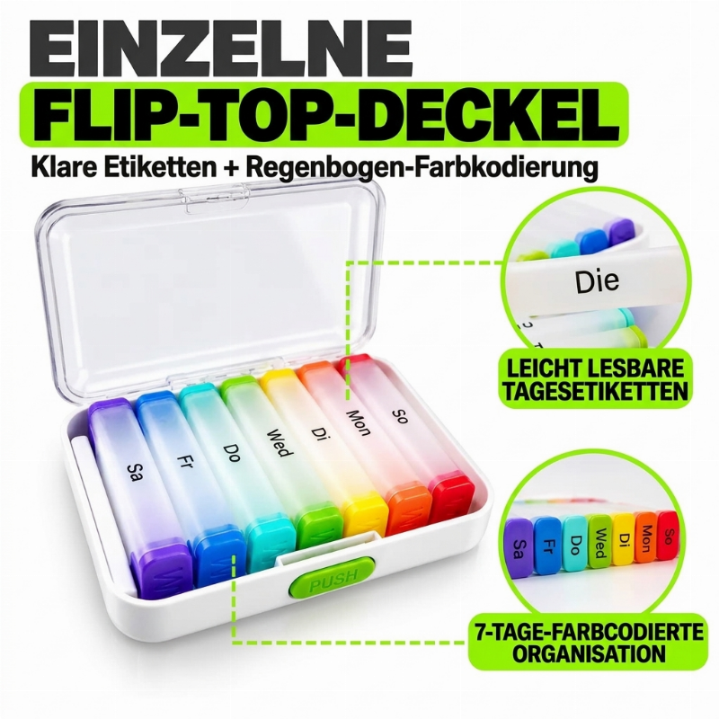 Abnehmbarer Pillen-Organizer mit Regenbogen-Farbkodierung