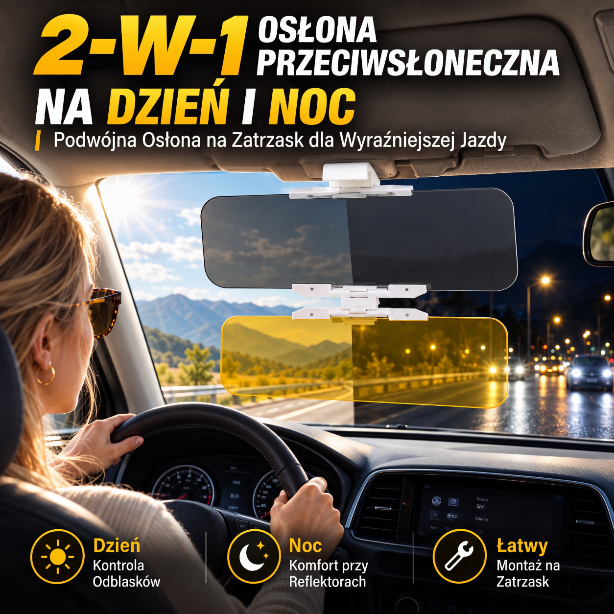 samochodowa osłona przeciwsłoneczna 2 w 1 na dzień i na noc z klipsem