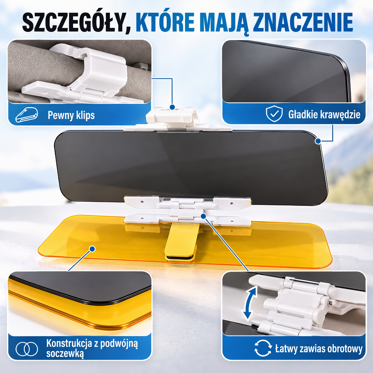 szczegóły konstrukcji osłony samochodowej z podwójną soczewką