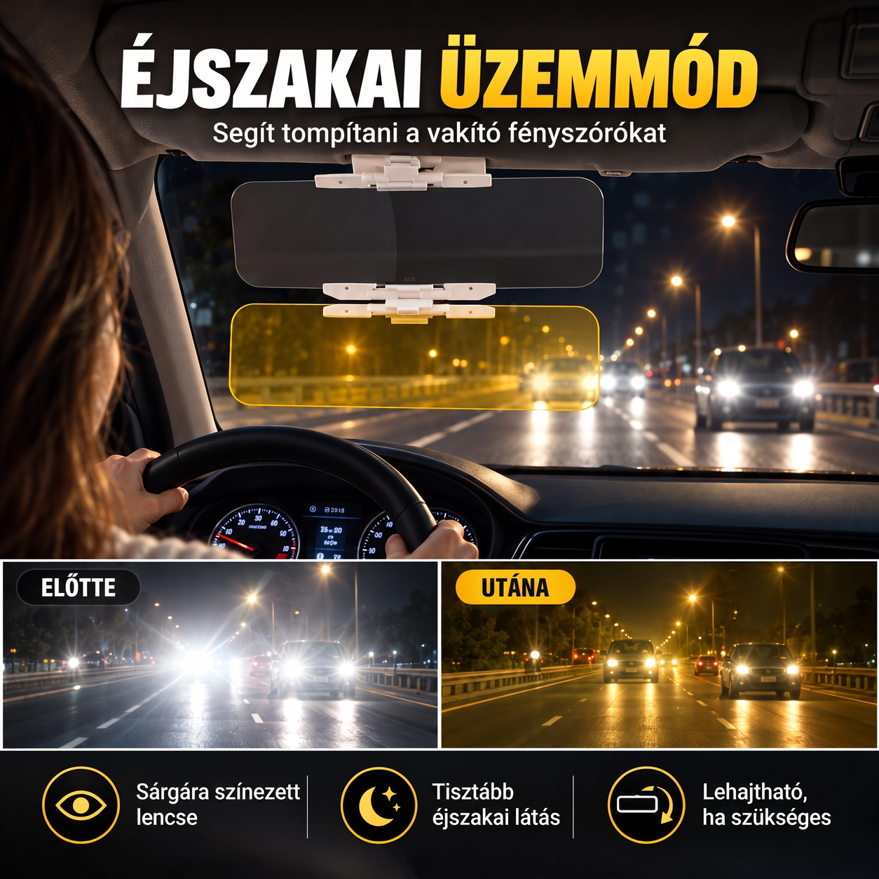 Sárga éjszakai vezetéshez való napellenző
