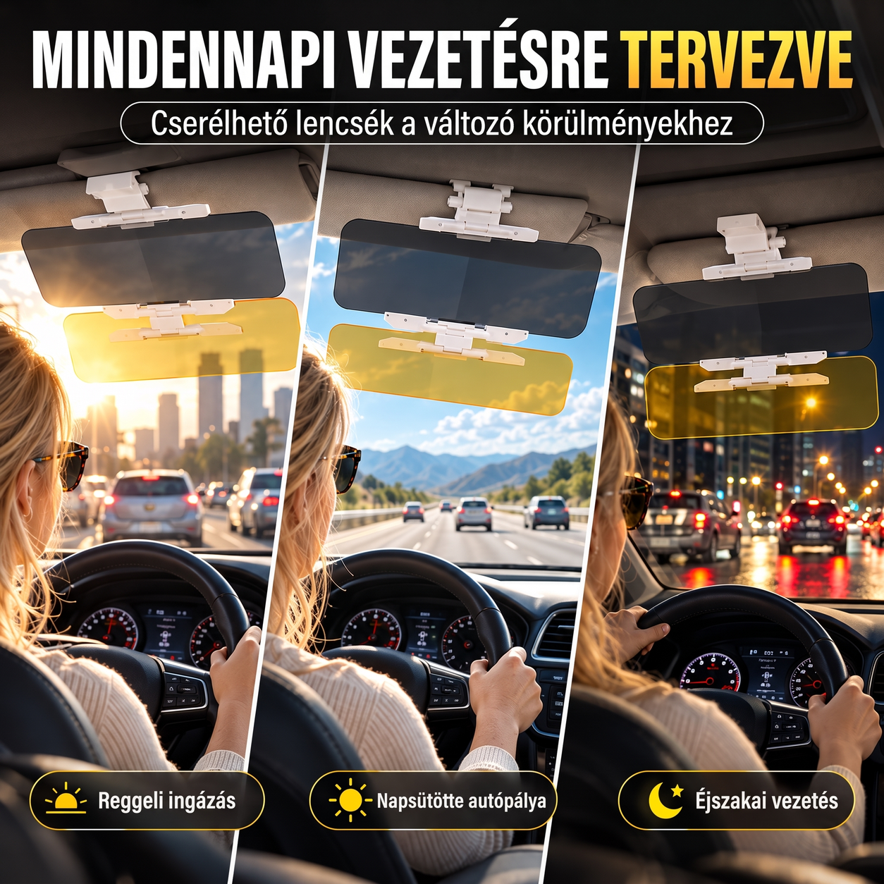 Nappali és éjszakai napellenző mindennapi vezetési helyzetekben