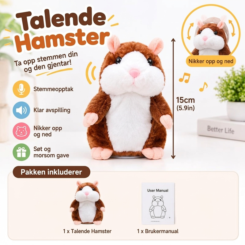 Størrelse og emballasje av snakkende hamster