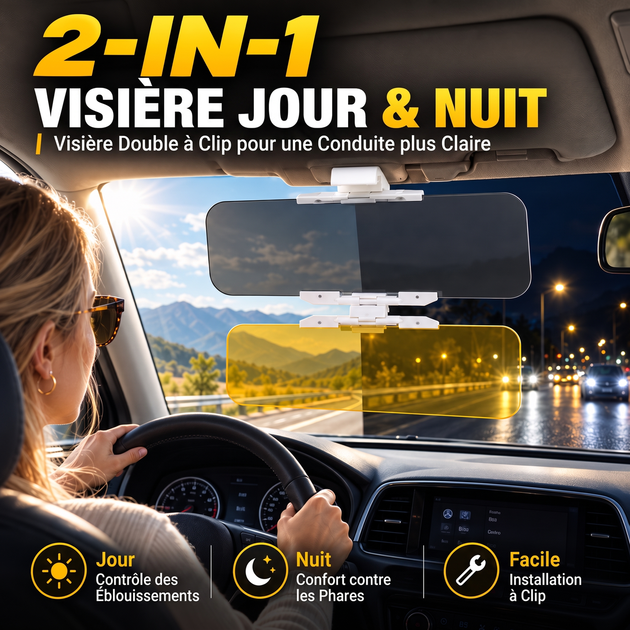 Visière de voiture clipsable 2-en-1 jour et nuit