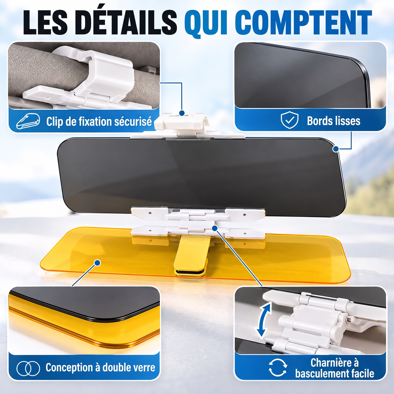 Détails de construction de la visière de voiture à double verre