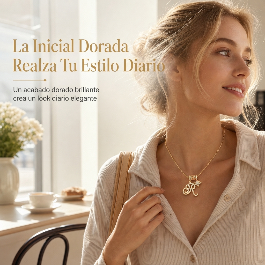 Mujer luciendo collar de inicial dorada en look diario elegante