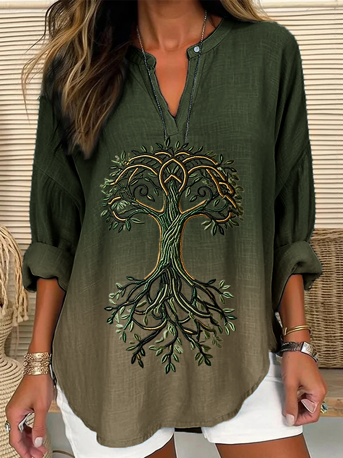 Frauen Wikinger Leben von Baum Kunst Leinen Print Freizeit hemd