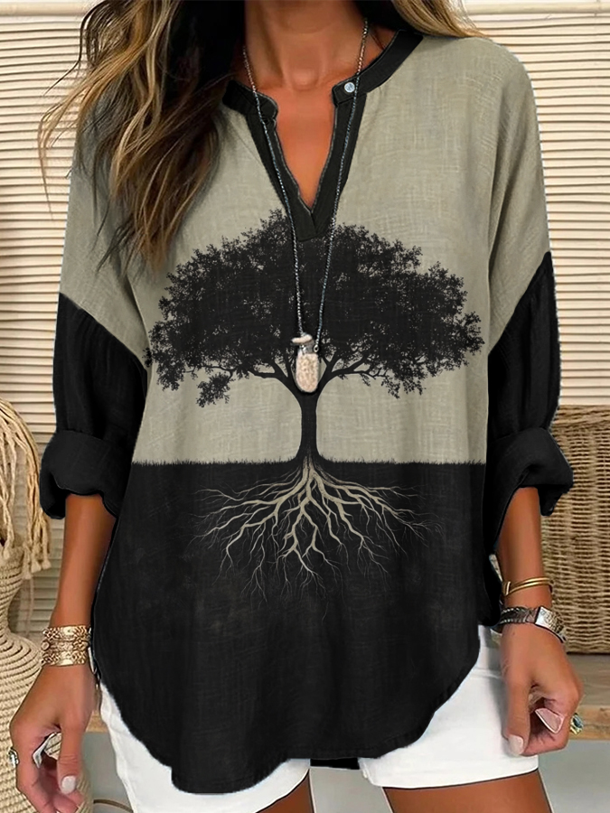 Frauen Wikinger Leben von Baum Kunst Leinen Print Freizeit hemd