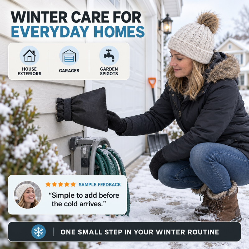 Thick cotton insulated faucet cover designed to help protect outdoor taps from freezing