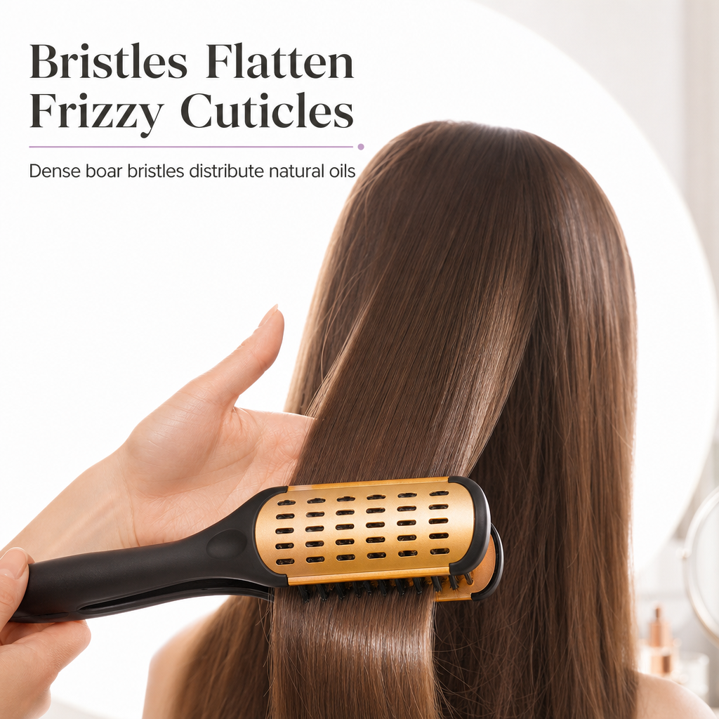 Natural-fiber bristles smoothing frizzy hair cuticles and adding shine
