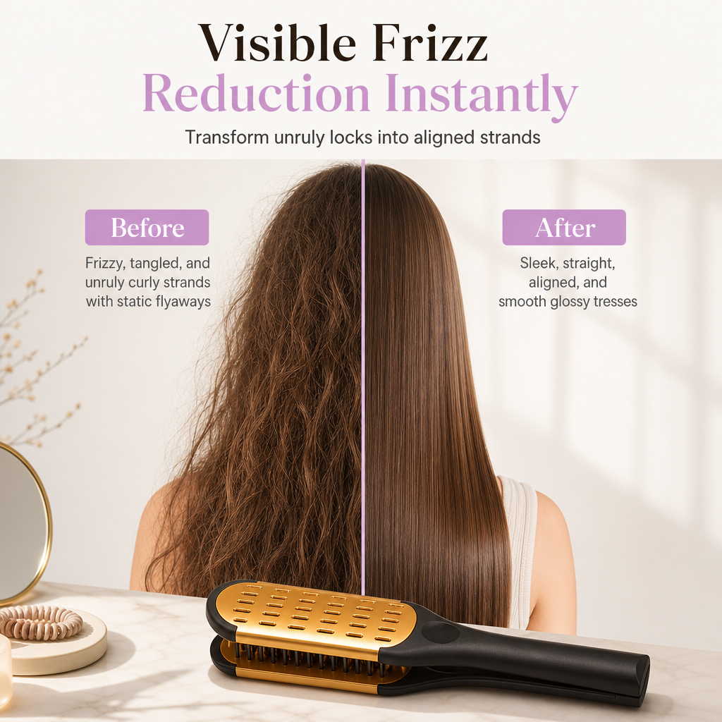 Before and after comparison of frizzy hair and smoothly aligned strands