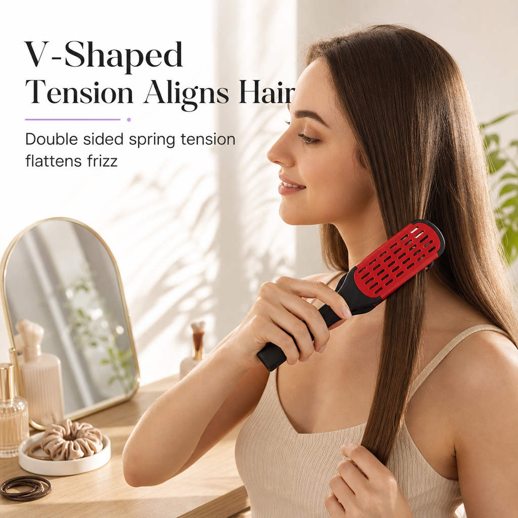 Dual V-shaped clamping plates applying even tension to hair strands